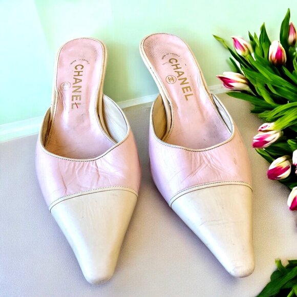 CHANEL Vintage Pump Kitten Heels Pink Cream Mule Snip Toe Womens 37 7 ALTERED - Picture 5 of 16